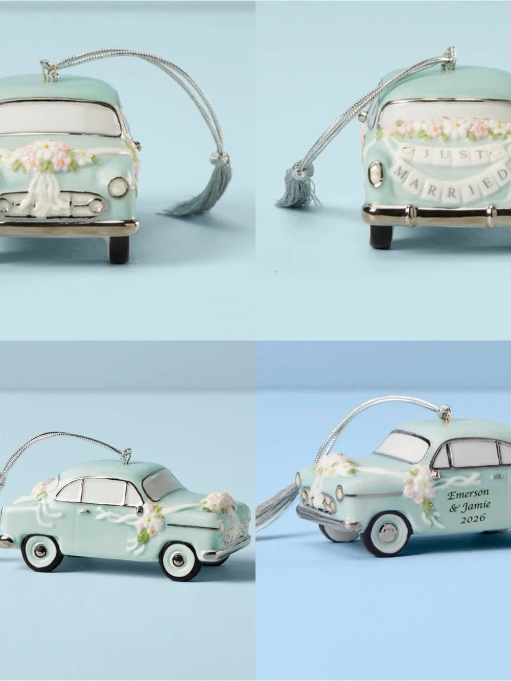 LENOX 2023 “Just Married” Ornament Vintage Car Porcelain CHRISTMAS 4” Mint Green
